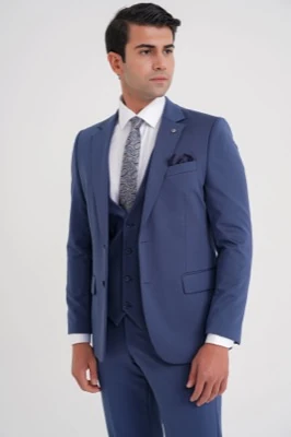 Slim Fit Çift Yırtmaç %97 Yünlü Doku Desenli Esnek Parlement Yelekli Takım Elbise TK 927