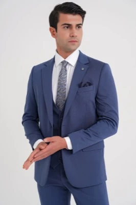 Slim Fit Çift Yırtmaç %97 Yünlü Doku Desenli Esnek Parlement Yelekli Takım Elbise TK 927