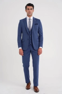 Slim Fit Çift Yırtmaç %97 Yünlü Doku Desenli Esnek Parlement Yelekli Takım Elbise TK 927